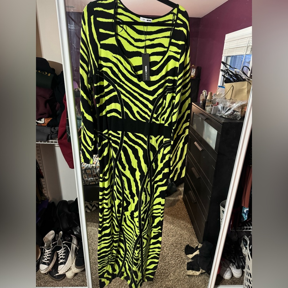 Fashion Nova Neon Green and Black Zebra Maxi Dress
